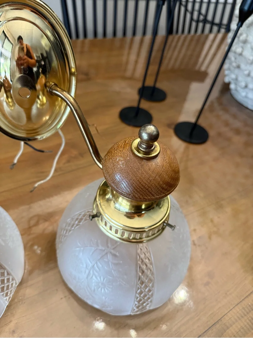 Brass and Frosted Glass Wall Sconce with Wood Accents - White